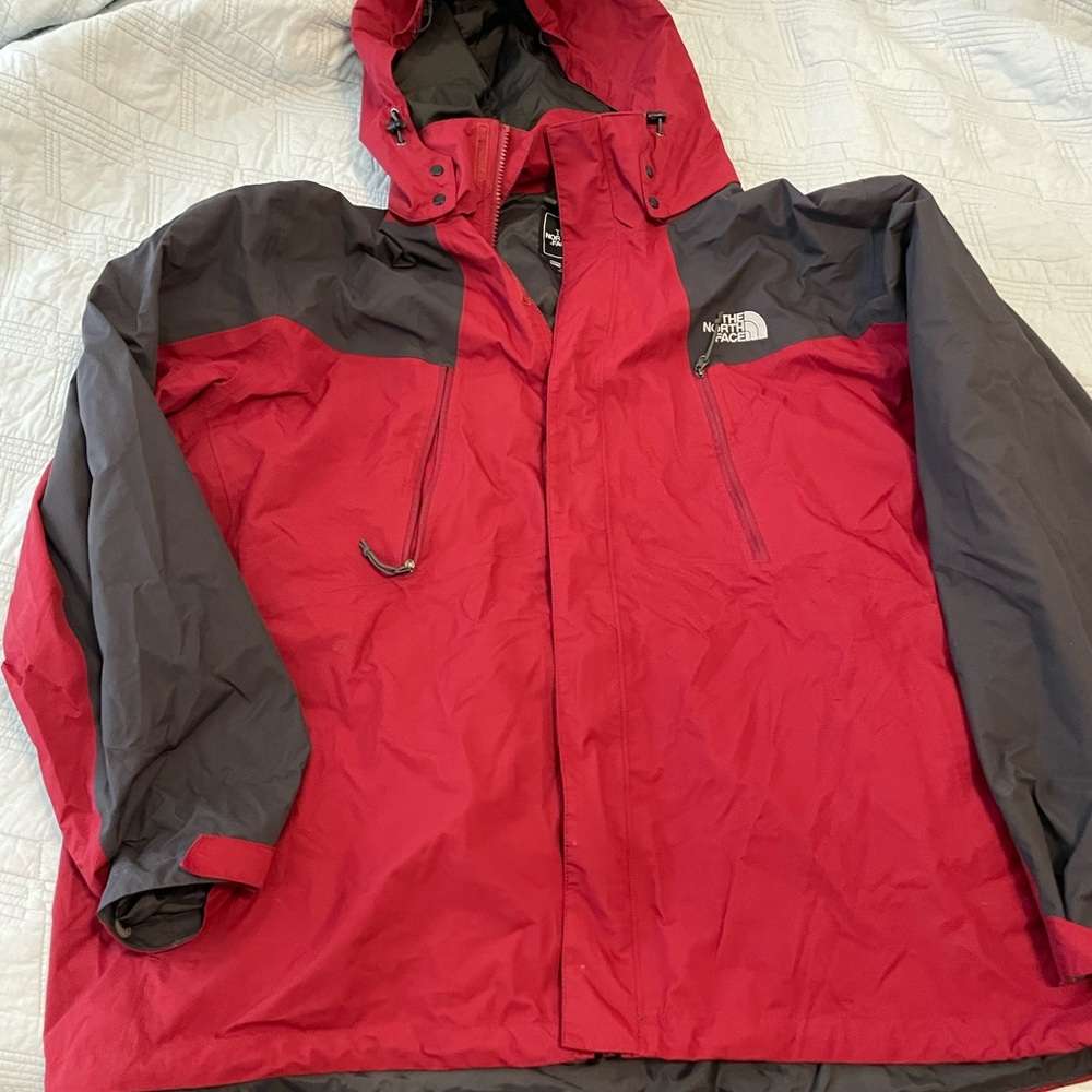 The North Face Men's Red and Gray Raincoat with Hood